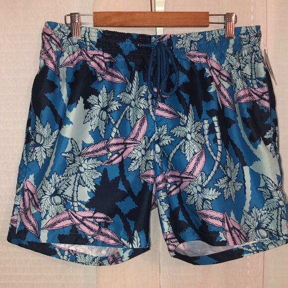 Ike Behar XL Navy Light Blue Pink Tidal Palm Tropical Swim Board Shorts - Picture 2 of 12
